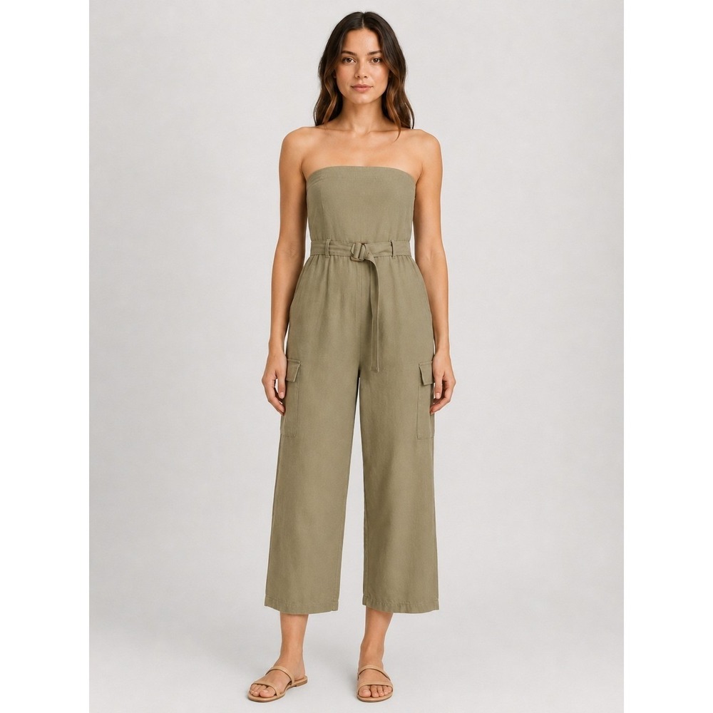 Strapless Cargo Jumpsuit Beige Wide Culotte Leg Linen Blend Smocked Back Resort